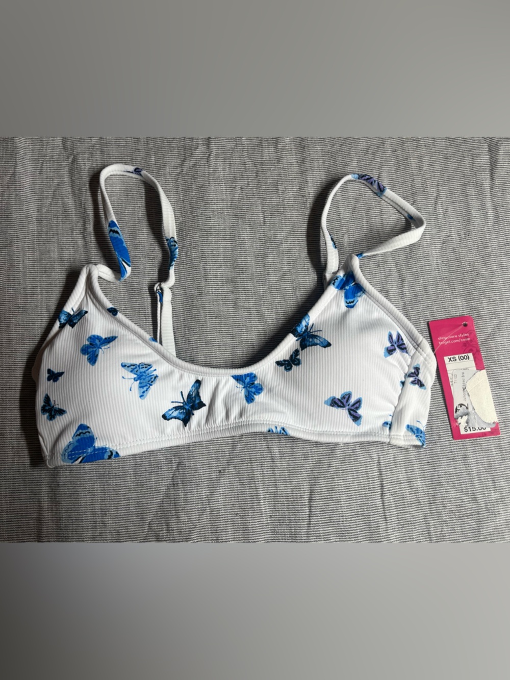 Juniors White Bikini Top with Blue Butterfly Print XSmall